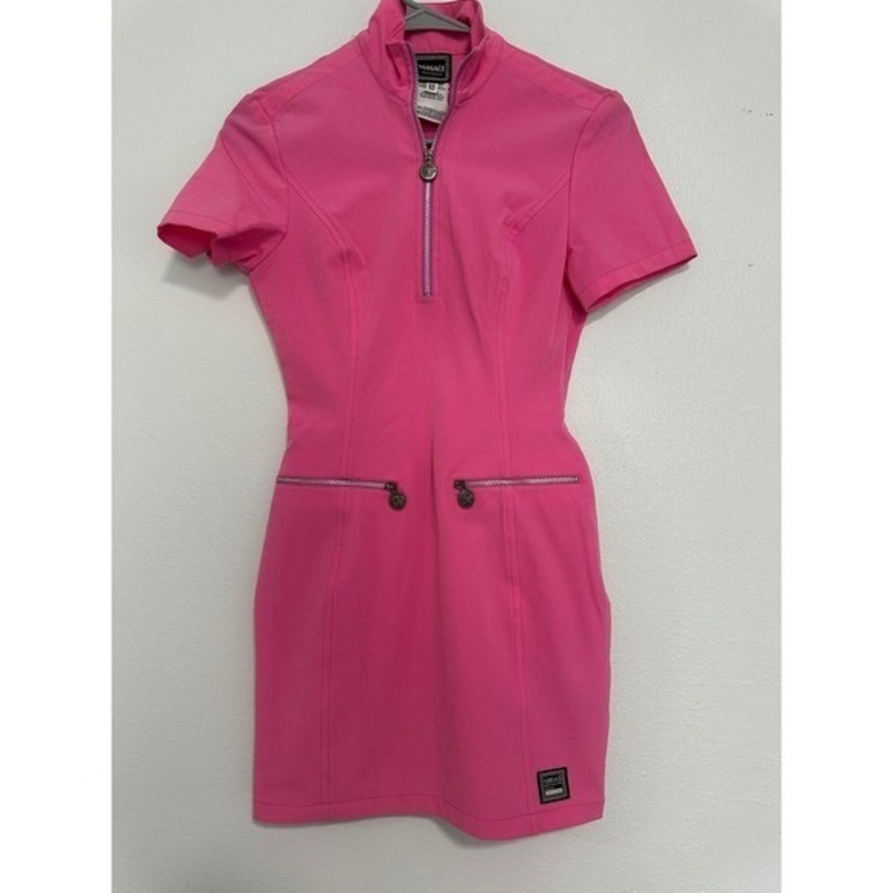 VERSACE JEANS COUTURE Pink Zip Front Short Sleeve Sheath Dress Italy Sz36 XXS-XS
